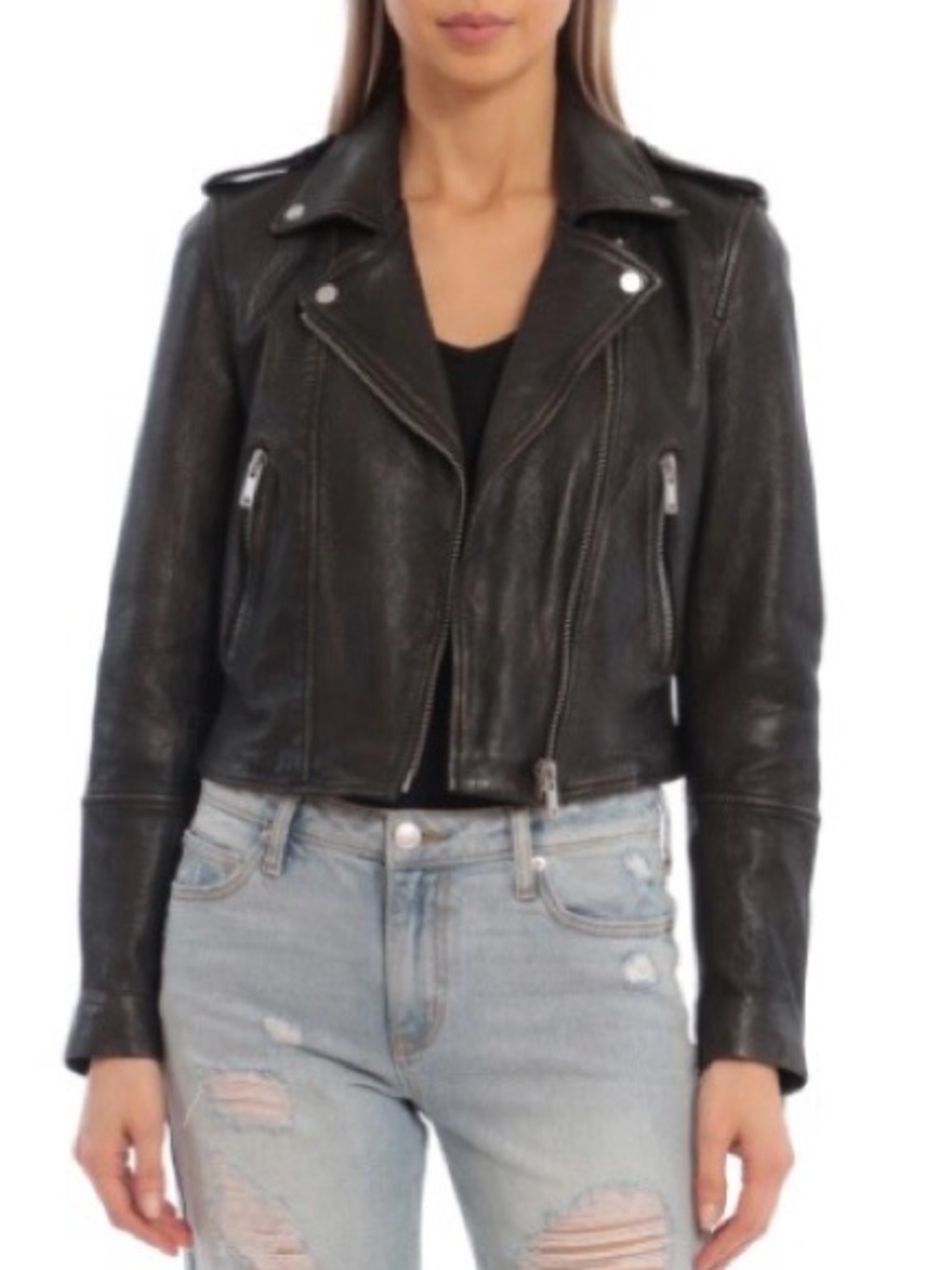 Avec Les Filles Leather Biker Jacket in Black Grey Wash